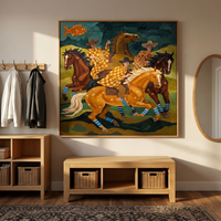 "Checkered Prairie Riders" – Modern Heavy Impasto Folk Western Figurative | 3D Moss Green & Golden Ochre Palette Knife Painting | Luxury Square Wall Art #PT 565