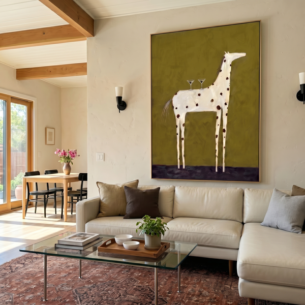 "Martini Giraffe Soirée" – Whimsical Heavy Impasto Painting | Funky Spotted Giraffe Artwork | Quirky Vertical Wall Art #AN148