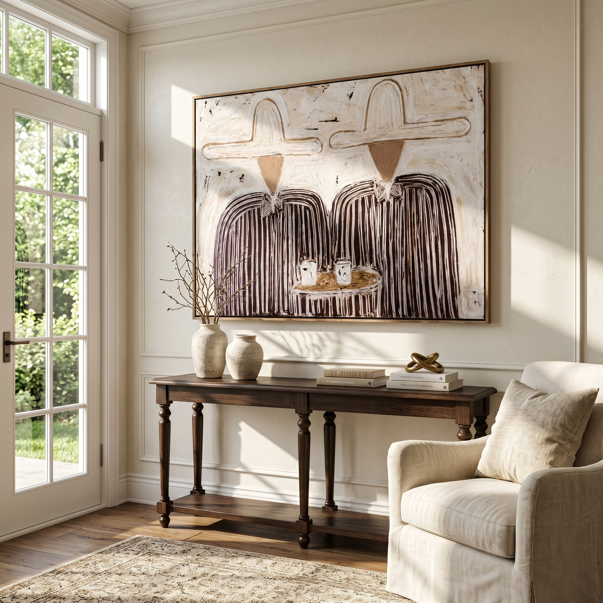 "Dual Cowboy Coffee Session" – Modern Heavy Impasto Minimal Western Figurative | 3D Off-White & Espresso Brown Palette Knife Painting | Luxury Horizontal Wall Art #PE 526