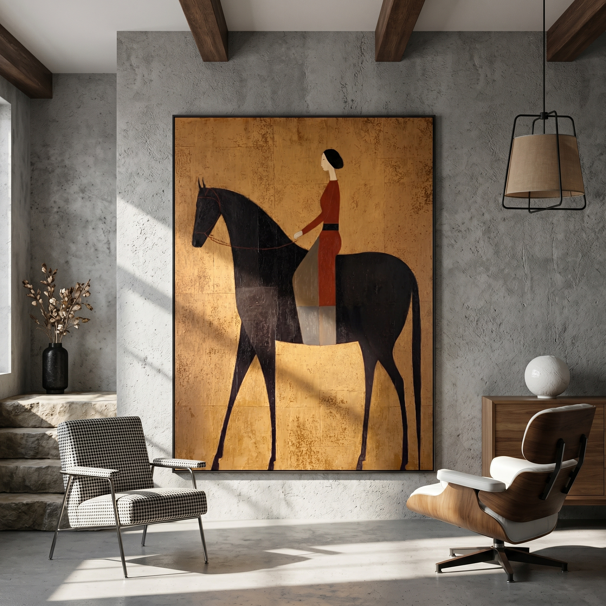 "Gilded Noble Equestrienne" – Modern Heavy Impasto Vintage Figurative | 3D Antique Gold & Burgundy Ebony Palette Knife Painting | Luxury Vertical Wall Art #PT 558
