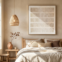 "Linen Reed Grid" - Modern Wabi-Sabi Textured Geometric Art | Beige Linear Relief Square Canvas Painting | Luxury Square Wall Art #WS 213