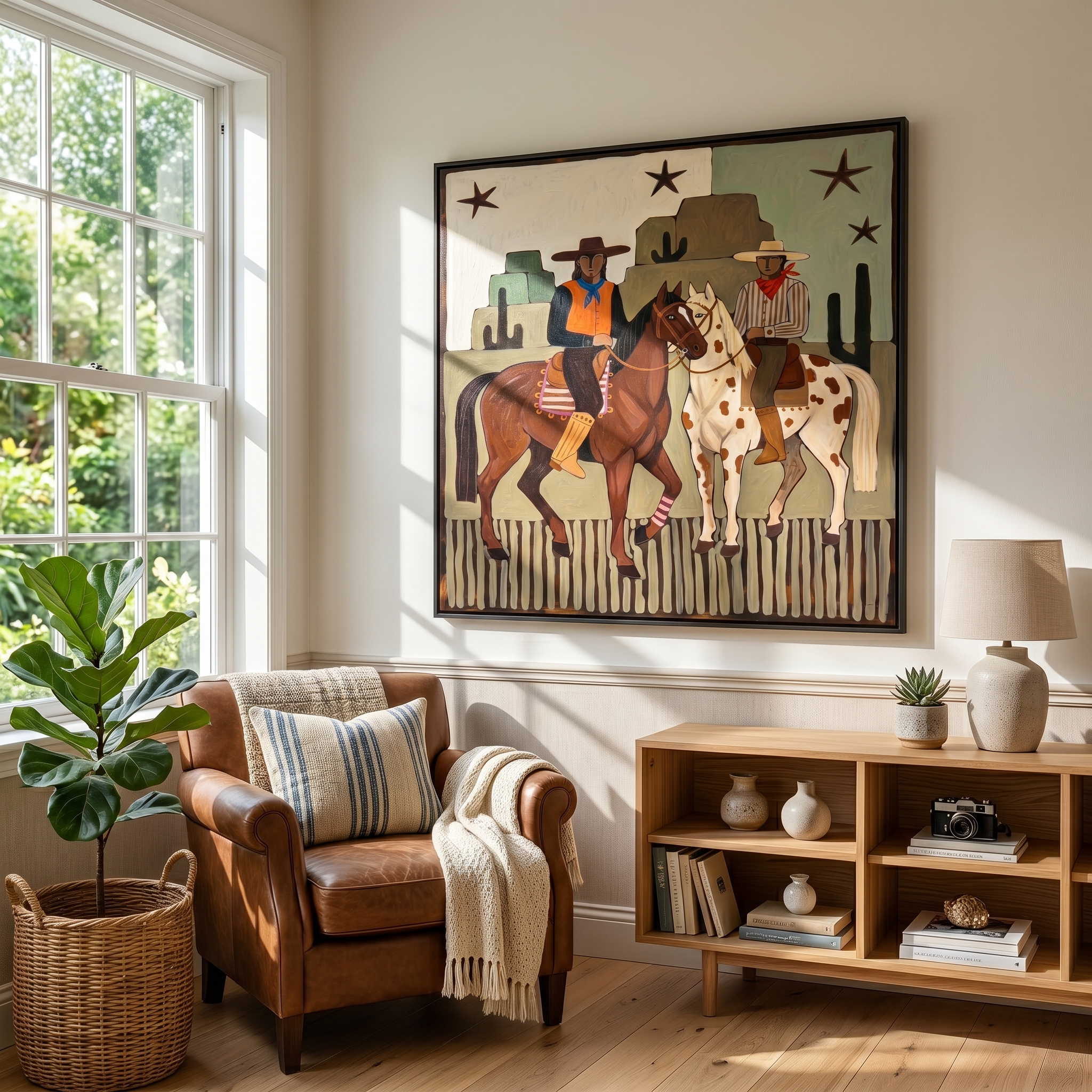 "Dual Frontier Riders" – Modern Heavy Impasto Southwestern Folk Figurative | 3D Muted Sage & Rust Ochre Palette Knife Painting | Luxury Square Wall Art #PT 563