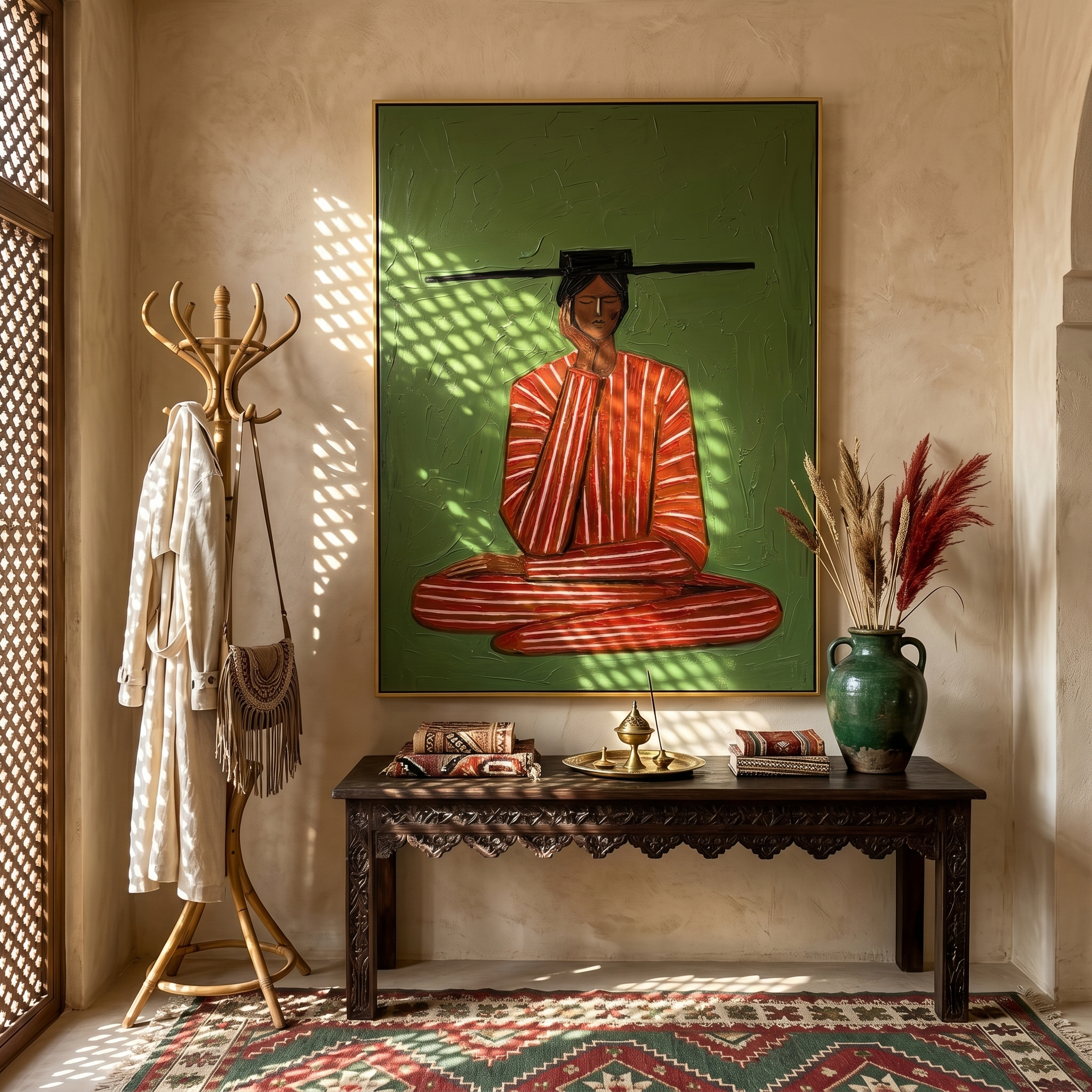 "Meditation in Stripes" – Textured Abstract Portrait Art | Bold Green & Red Zen Woman Painting | Contemporary Vertical Wall Decor #PE 503
