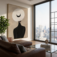 "The White Hat Silhouette" – Modern Heavy Impasto Abstract Portrait | 3D Beige & Noir Palette Knife Painting | Luxury Vertical Wall Art #PE 510