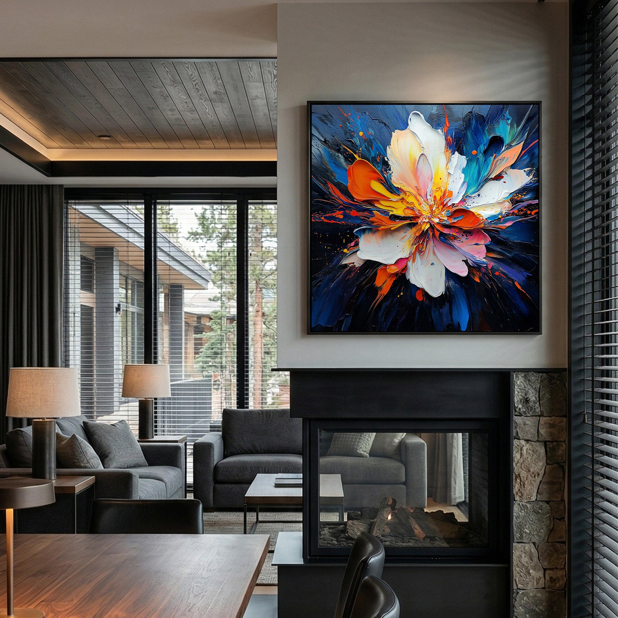 "Supernova Bloom" – Radiant Heavy Impasto Abstract Floral Oil Painting | Bold Dynamic 3D Texture Wall Art #FL292
