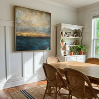 "Azure Shifting Horizon" is a 100% hand-painted abstract artwork created with professional oil and acrylic paints on high-quality canvas. Its blue & gold palette and visible textured strokes give every piece authentic handmade variation and tactile depth.