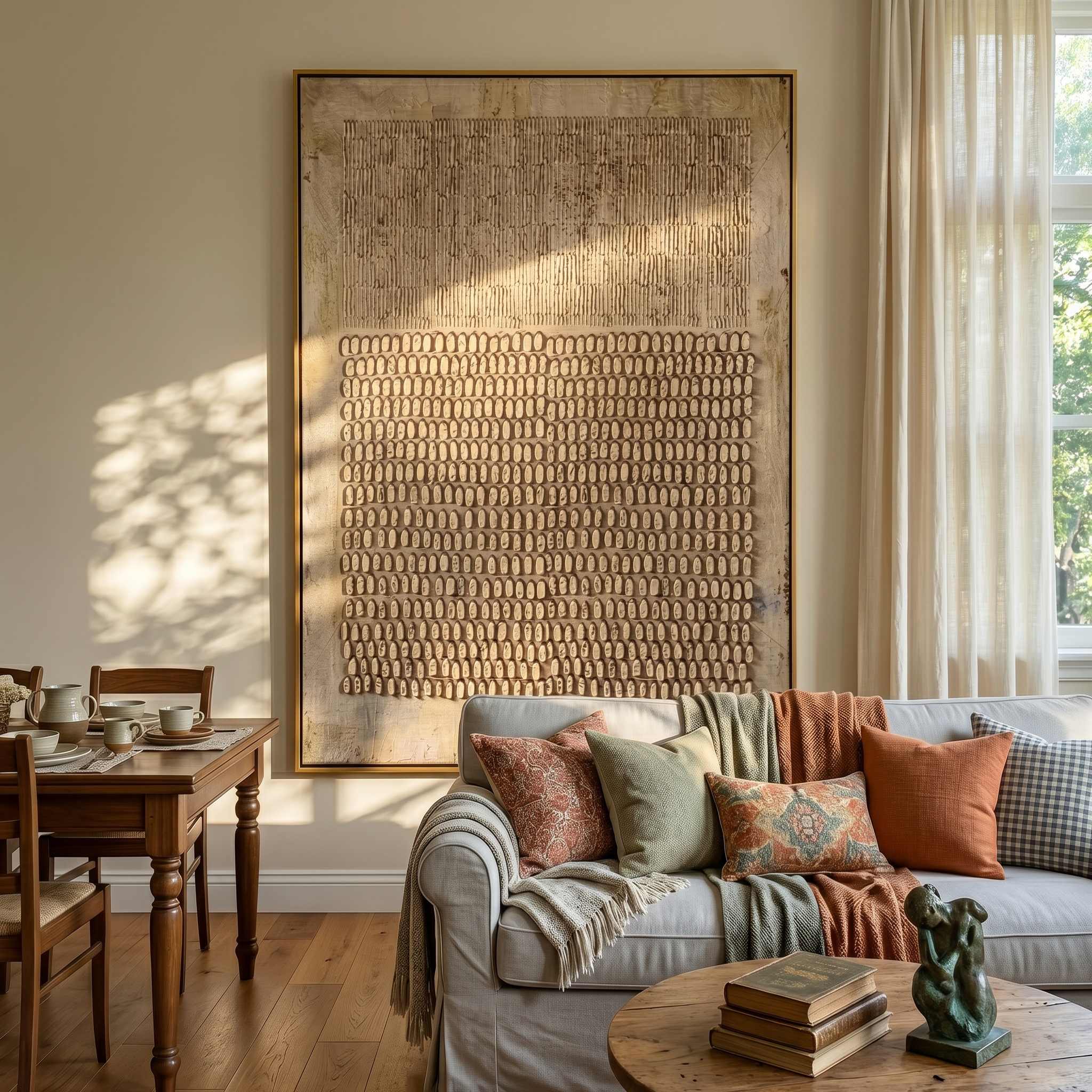 "Linear & Dot Gold Relief" – Modern Heavy Impasto Abstract Art | 3D Warm Gold & Beige Palette Knife Painting | Luxury Vertical Wall Art #WS 257