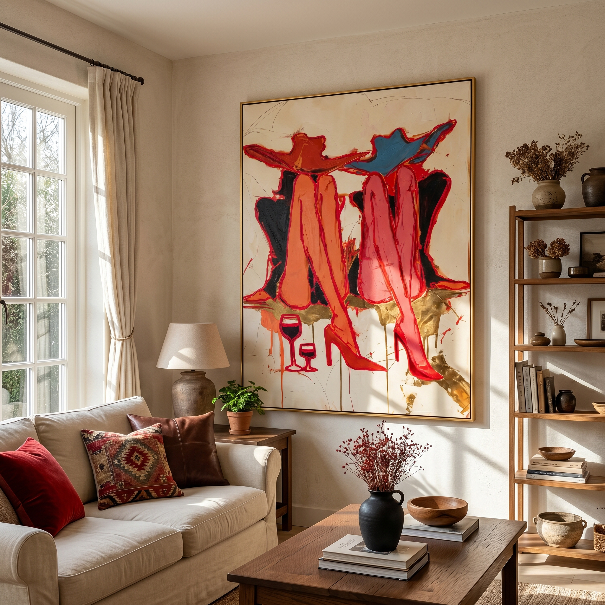 "Cowgirls’ Wine Hour" – Modern Heavy Impasto Abstract Figurative Art | 3D Crimson & Indigo Palette Knife Painting | Luxury Vertical Wall Art #PE 520