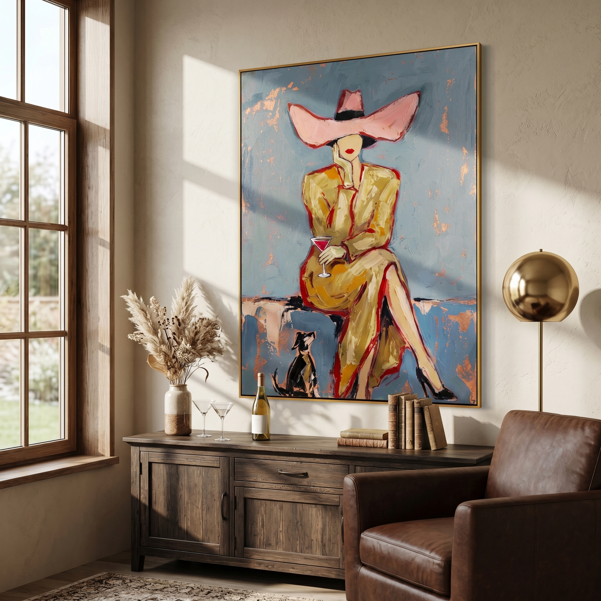 "Retro Elegance: Woman in Pink Hat" – Stylized Impasto Portrait | Sophisticated Neutral & Gold Accent Wall Decor | Contemporary Vertical Statement Piece #PE 507