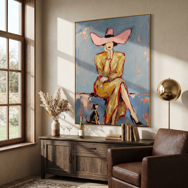 "Retro Elegance: Woman in Pink Hat" – Stylized Impasto Portrait | Sophisticated Neutral & Gold Accent Wall Decor | Contemporary Vertical Statement Piece #PE 507