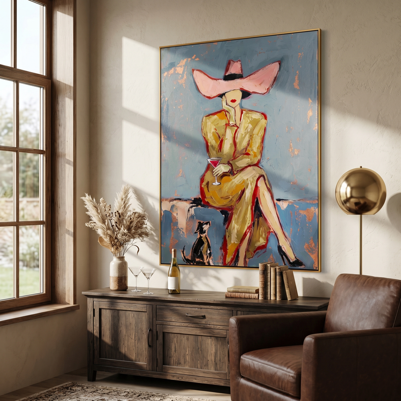 "Retro Elegance: Woman in Pink Hat" – Stylized Impasto Portrait | Sophisticated Neutral & Gold Accent Wall Decor | Contemporary Vertical Statement Piece #PE 507