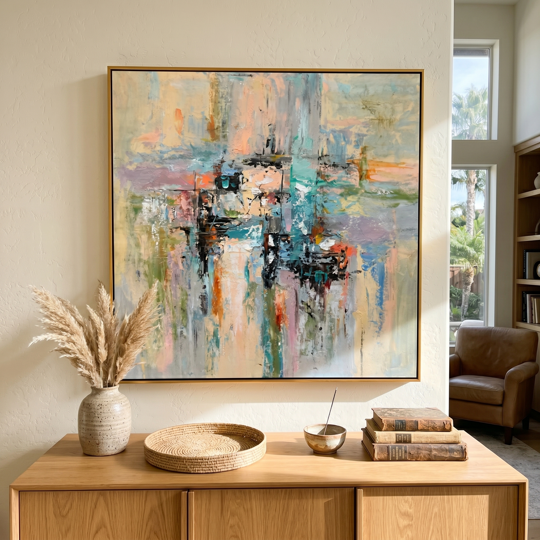 "Urban Reflection" – Modern Impressionist Waterfront Abstract | Serene Sage Green & Pastel Textured Gallery Art#AB1011