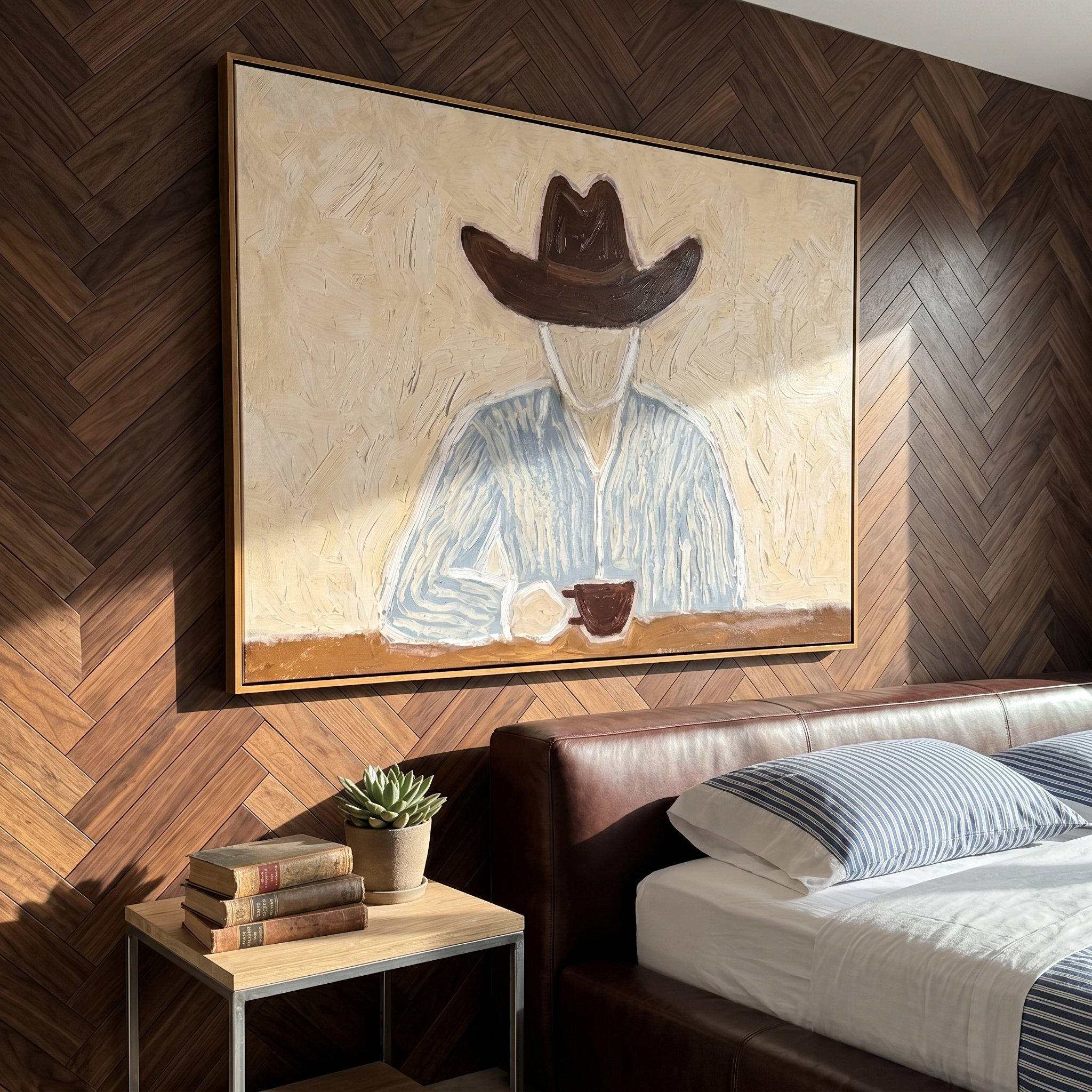 "Cowboy’s Quiet Coffee Break" – Modern Heavy Impasto Minimal Western Figurative | 3D Warm Cream & Slate Blue Palette Knife Painting | Luxury Horizontal Wall Art #PE 523
