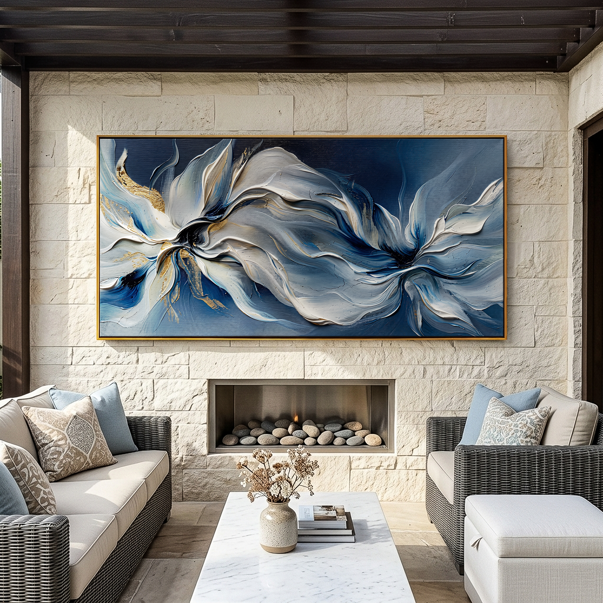 "Ethereal Blue Florals" – Expressive Impasto Abstract Artwork | Tactile Blue & Gold Flower Wave | Luxury Statement Horizontal Wall Art #PT 553