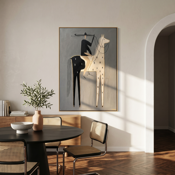 "Gilded Split-Hide Cowboy" – Modern Heavy Impasto Minimal Western Figurative | 3D Ash Gray & Ivory Black with Gold Trim Palette Knife Painting | Luxury Vertical Wall Art #AB 511
