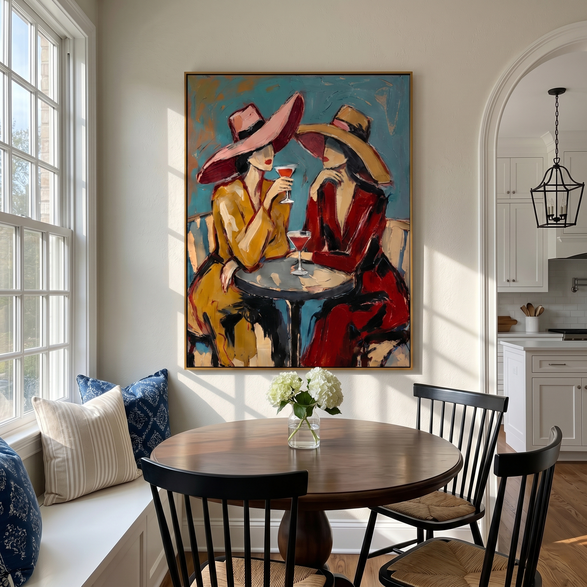 "Cocktail Hour Companions" – Modern Heavy Impasto Figurative Art | 3D Teal & Crimson Palette Knife Painting | Luxury Vertical Wall Art #PE 517