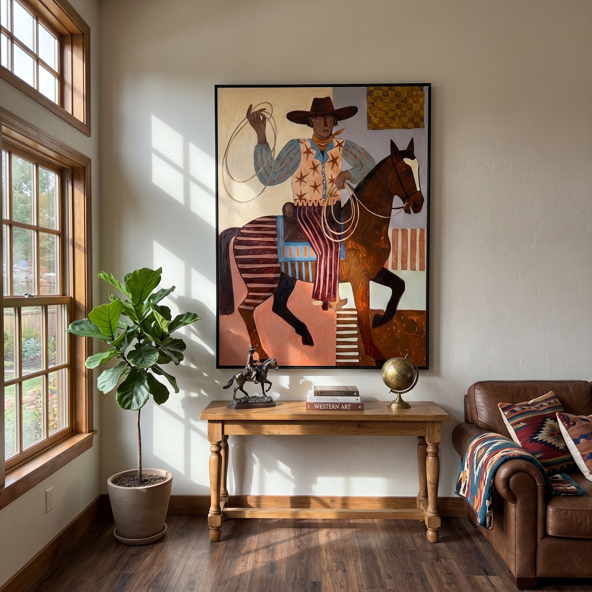 "Star Vest Rodeo Cowboy" – Modern Heavy Impasto Folk Western Figurative | 3D Warm Terracotta & Sky Blue Palette Knife Painting | Luxury Vertical Wall Art #PT 560