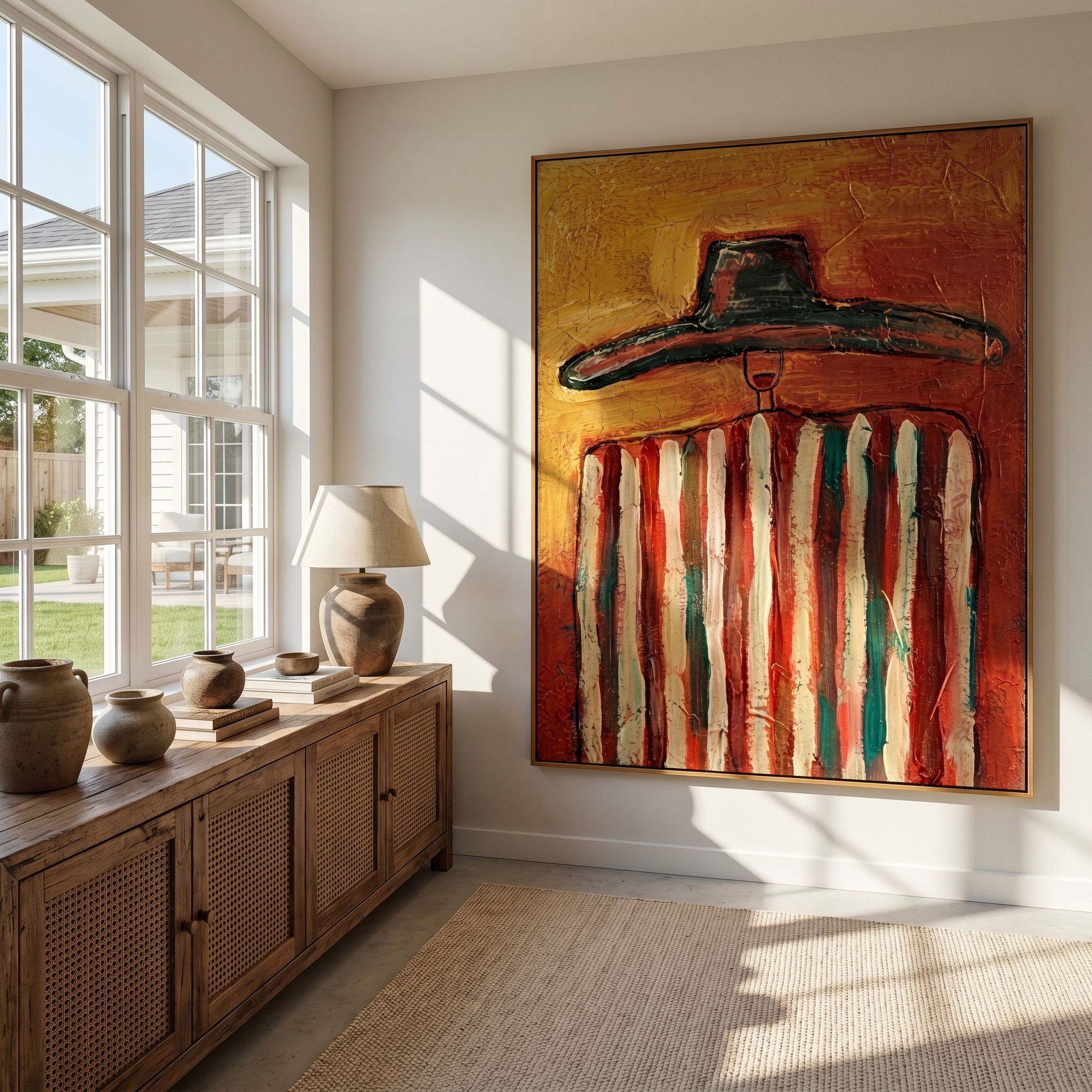 "Cowboy in Warm Stripes" – Stylized Impasto Western Artwork | Earthy Tones Textured Wall Decor | Contemporary Vertical Statement Piece #PE 521