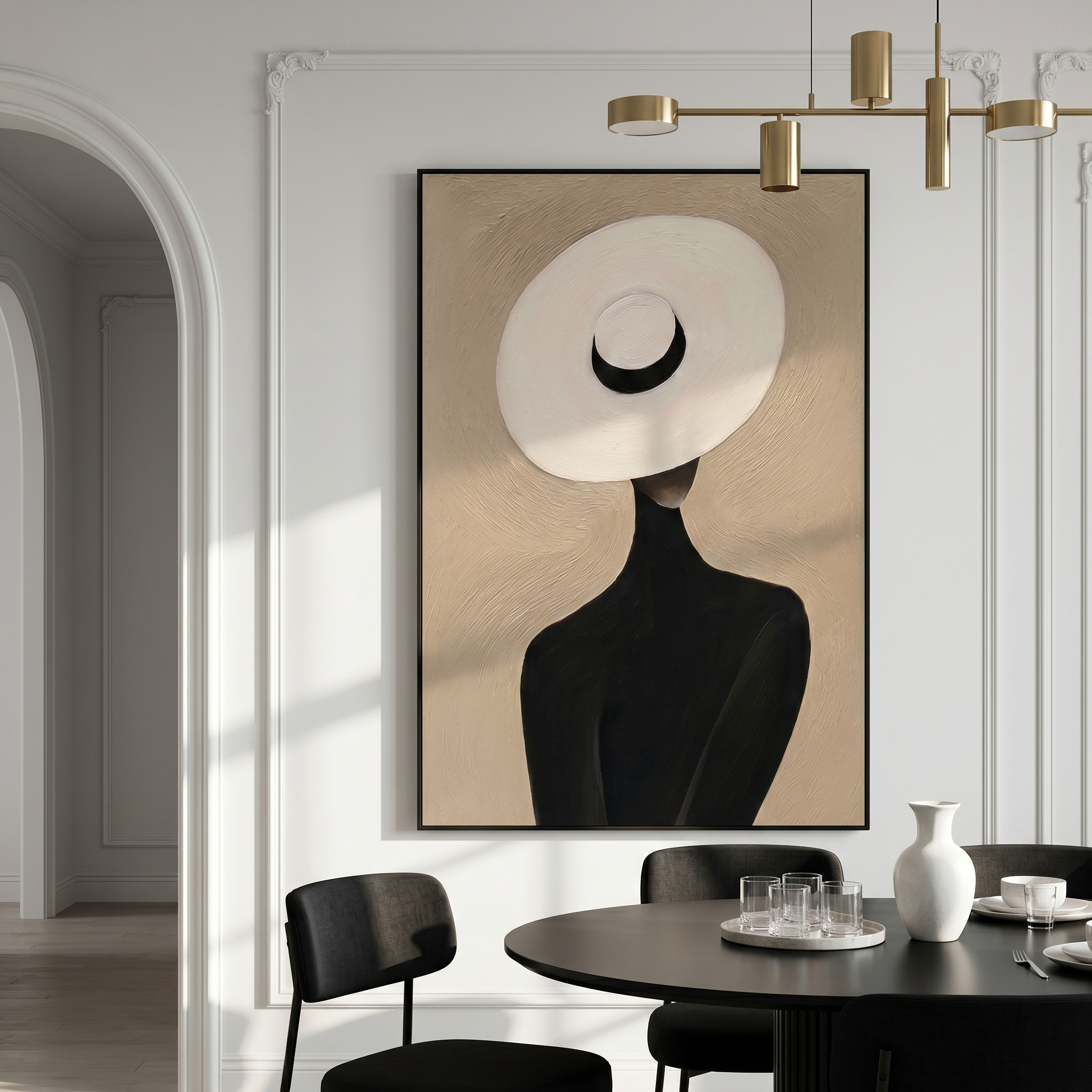 "The White Hat Silhouette" – Modern Heavy Impasto Abstract Portrait | 3D Beige & Noir Palette Knife Painting | Luxury Vertical Wall Art #PE 510