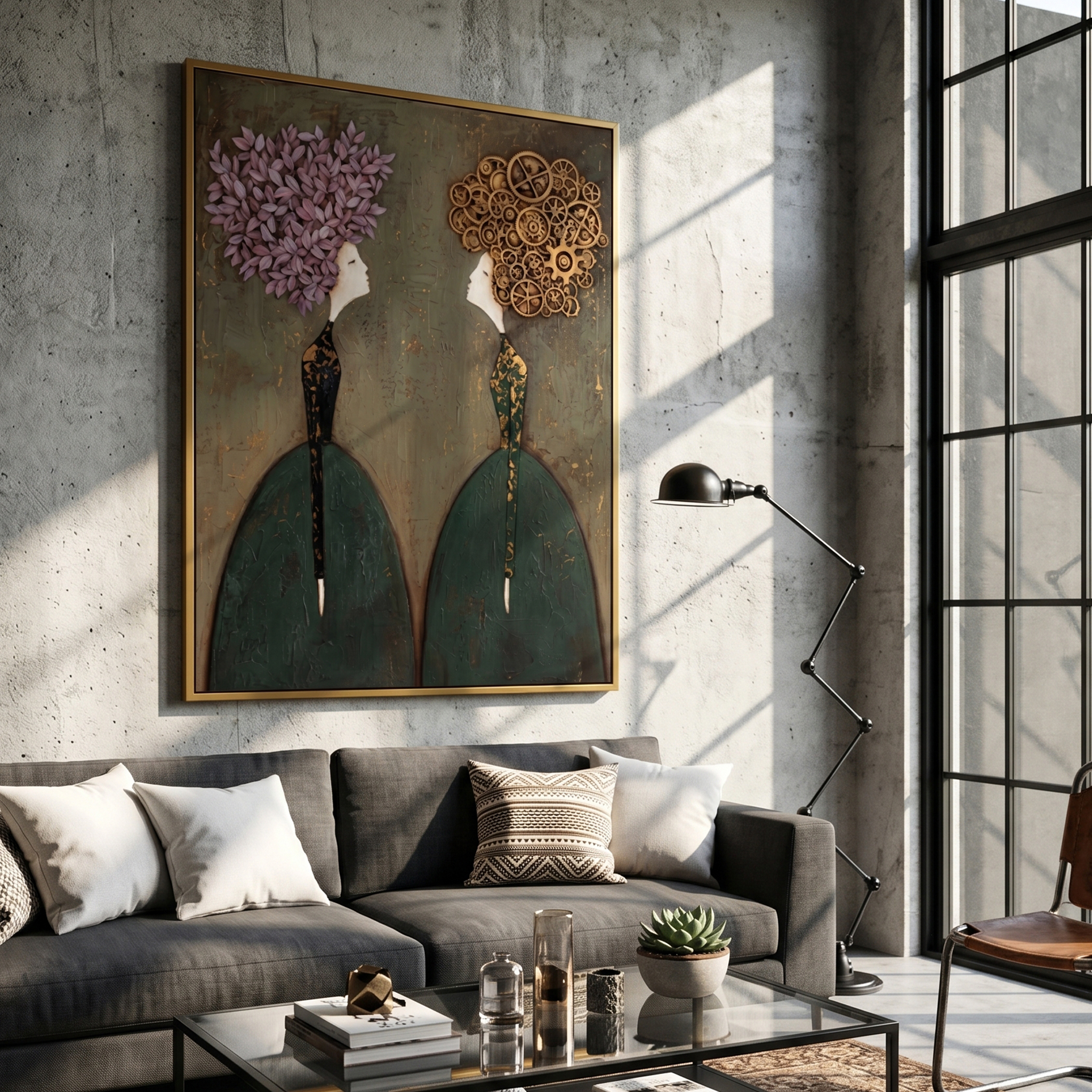 "Floral & Gear Dialogue" – Textured Abstract Portrait Art | Deep Green & Purple Steampunk Women Painting | Contemporary Vertical Wall Decor #PE 499