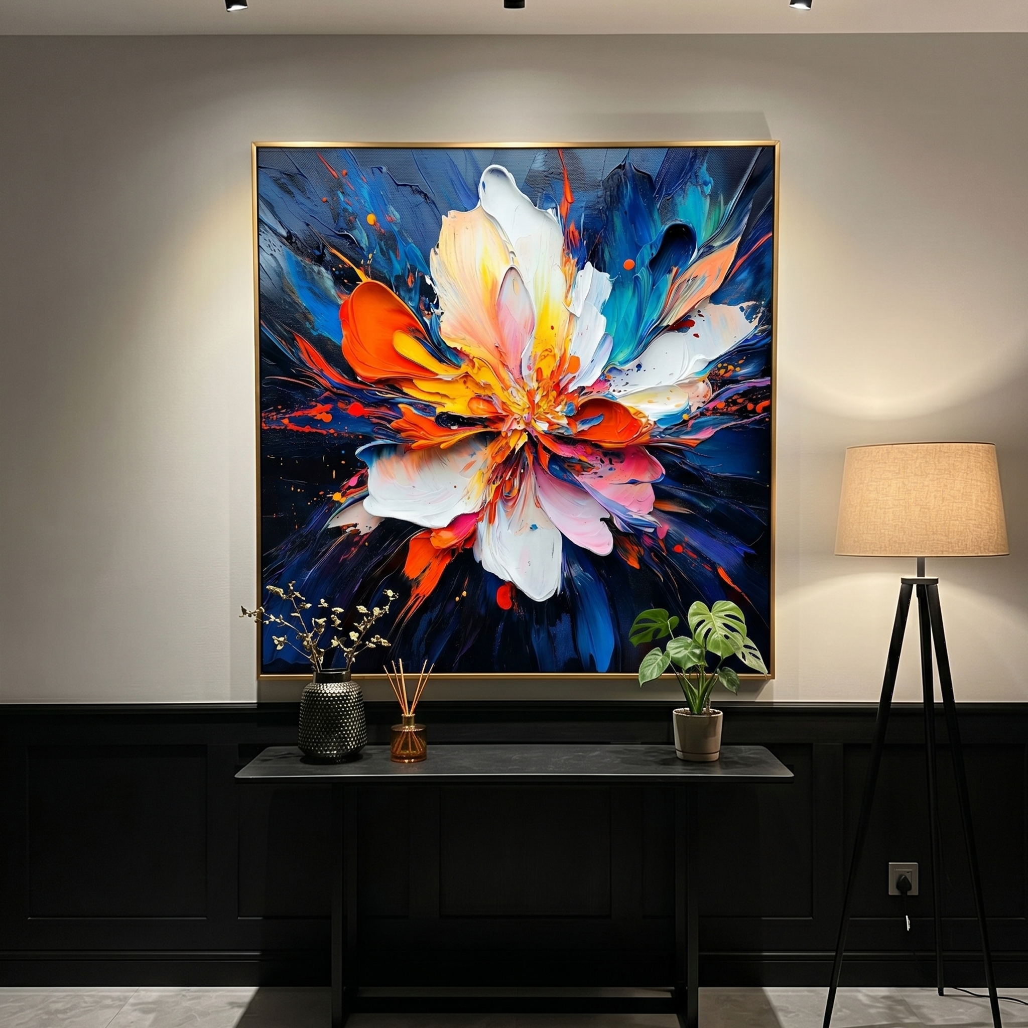 "Supernova Bloom" – Radiant Heavy Impasto Abstract Floral Oil Painting | Bold Dynamic 3D Texture Wall Art #FL292