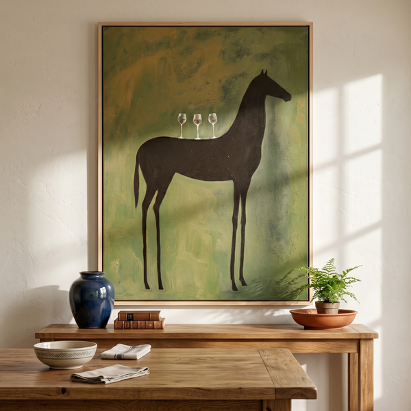 "The Horse’s Toast" – Modern Heavy Impasto Abstract Figurative Art | 3D Olive & Noir Palette Knife Painting | Luxury Vertical Wall Art #AN 150