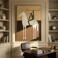 "Minimalist Speckled Steed Rider" – Modern Heavy Impasto Figurative Art | 3D Ochre & Forest Green Palette Knife Painting | Luxury Vertical Wall Art #AB 505