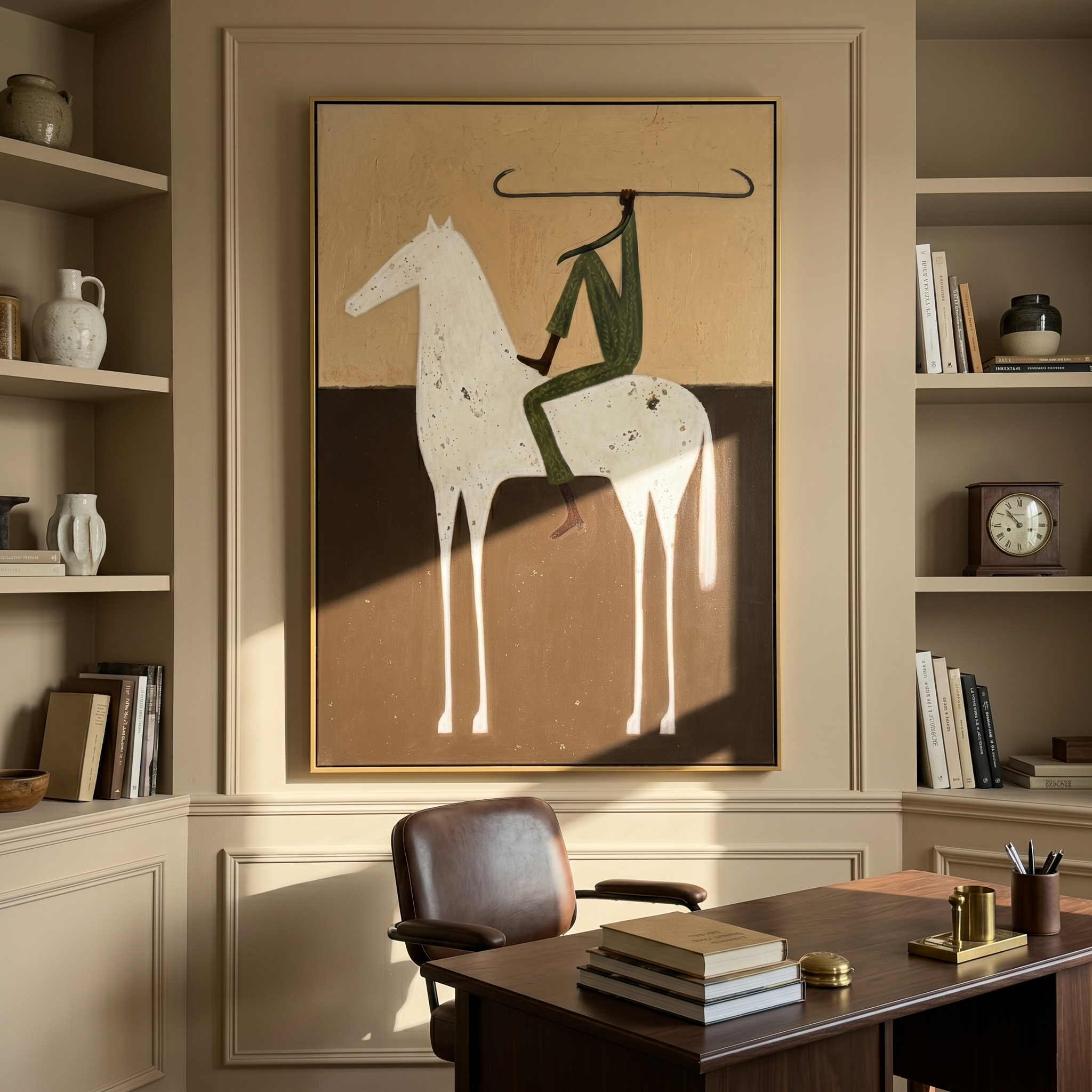 "Minimalist Speckled Steed Rider" – Modern Heavy Impasto Figurative Art | 3D Ochre & Forest Green Palette Knife Painting | Luxury Vertical Wall Art #AB 505
