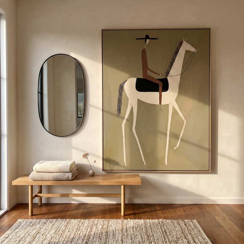 "Minimal Wandering Cowboy" – Modern Heavy Impasto Western Figurative | 3D Olive Sage & Russet Brown Palette Knife Painting | Luxury Vertical Wall Art #AB 508