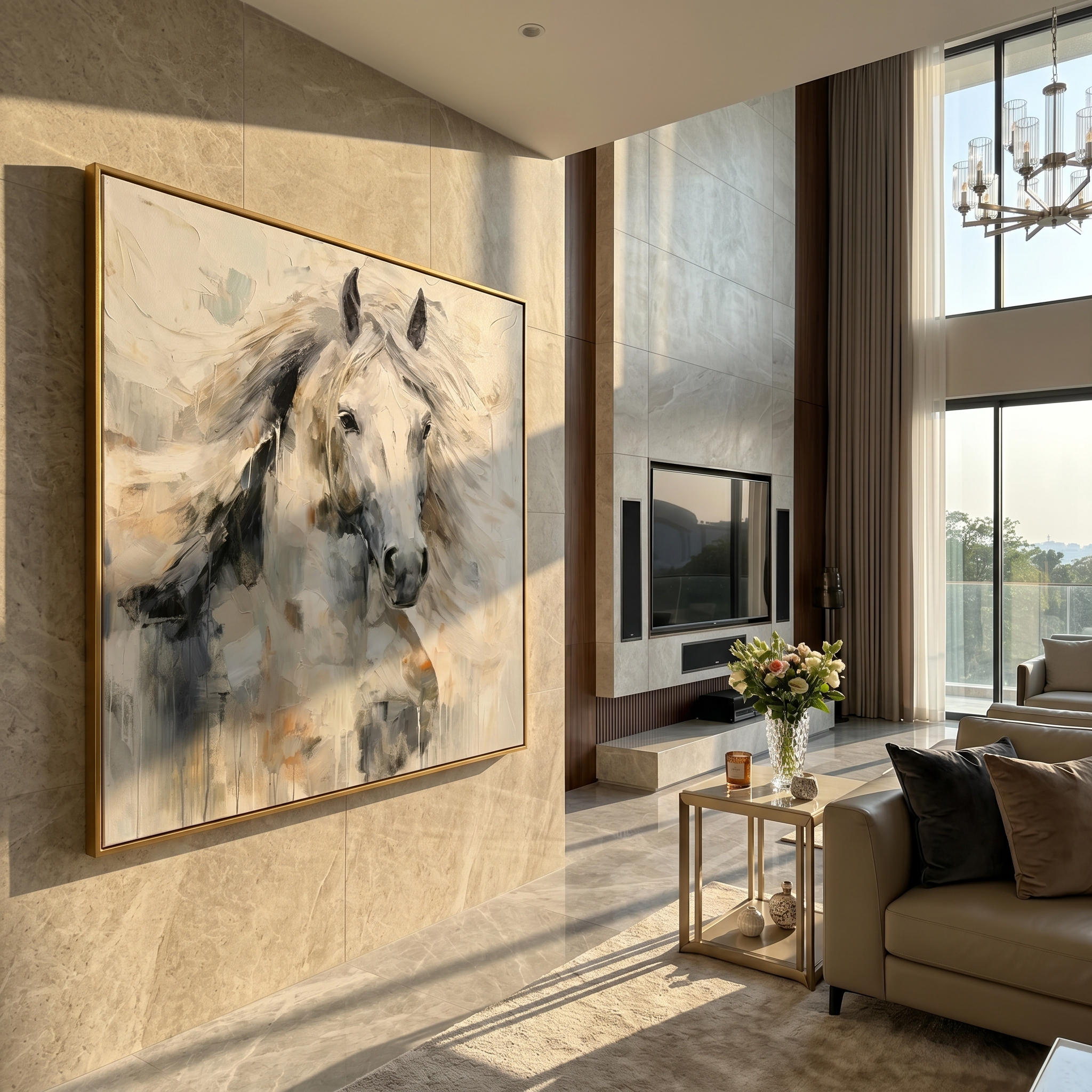 "The Silent Gallop" – Modern Expressive White Horse Impasto | Sophisticated Gray Tone 3D Texture Gallery Art #AN145