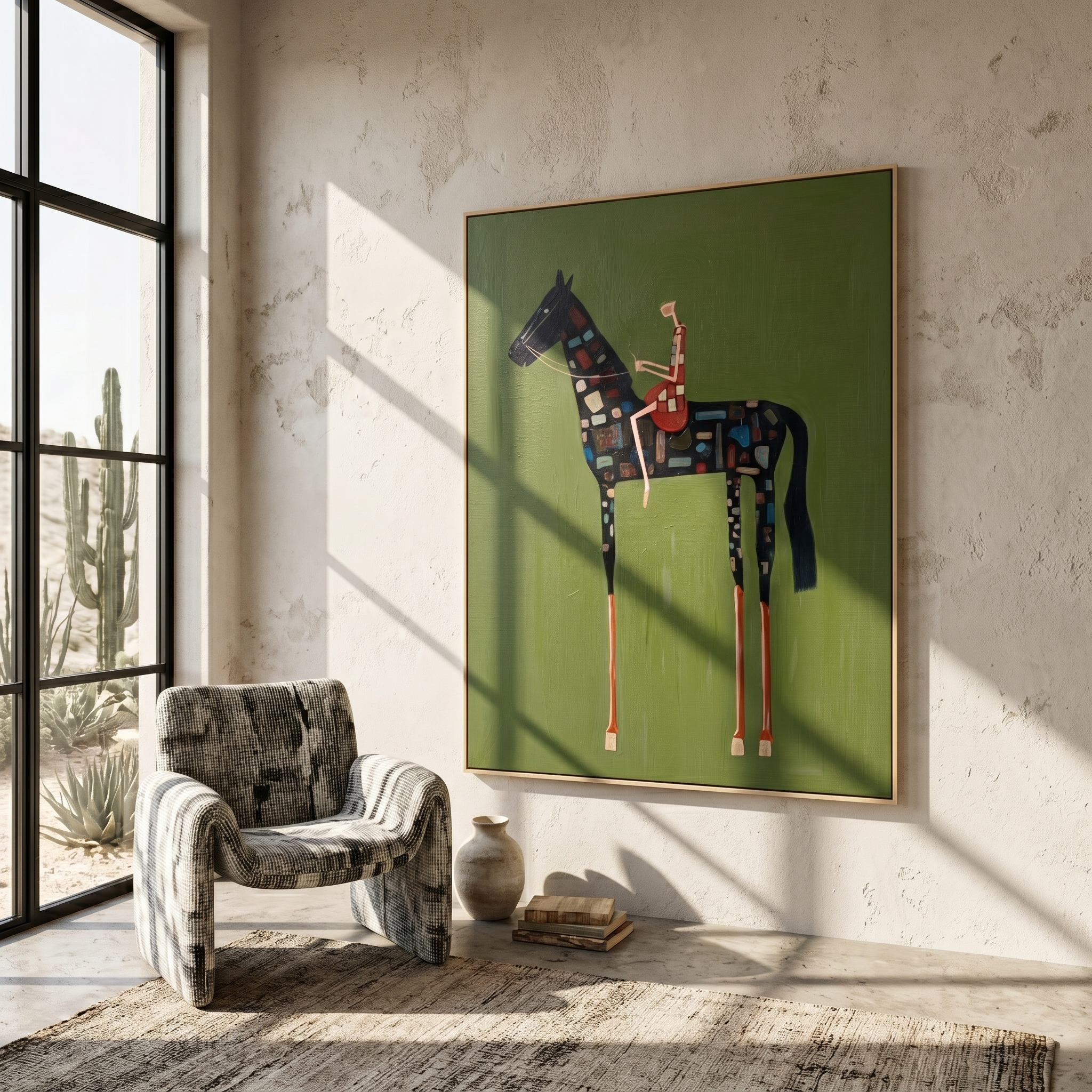 "Mosaic Patchwork Equestrian" – Modern Heavy Impasto Folk Figurative | 3D Moss Green & Multicolored Mosaic Palette Knife Painting | Luxury Square Wall Art #AB 512