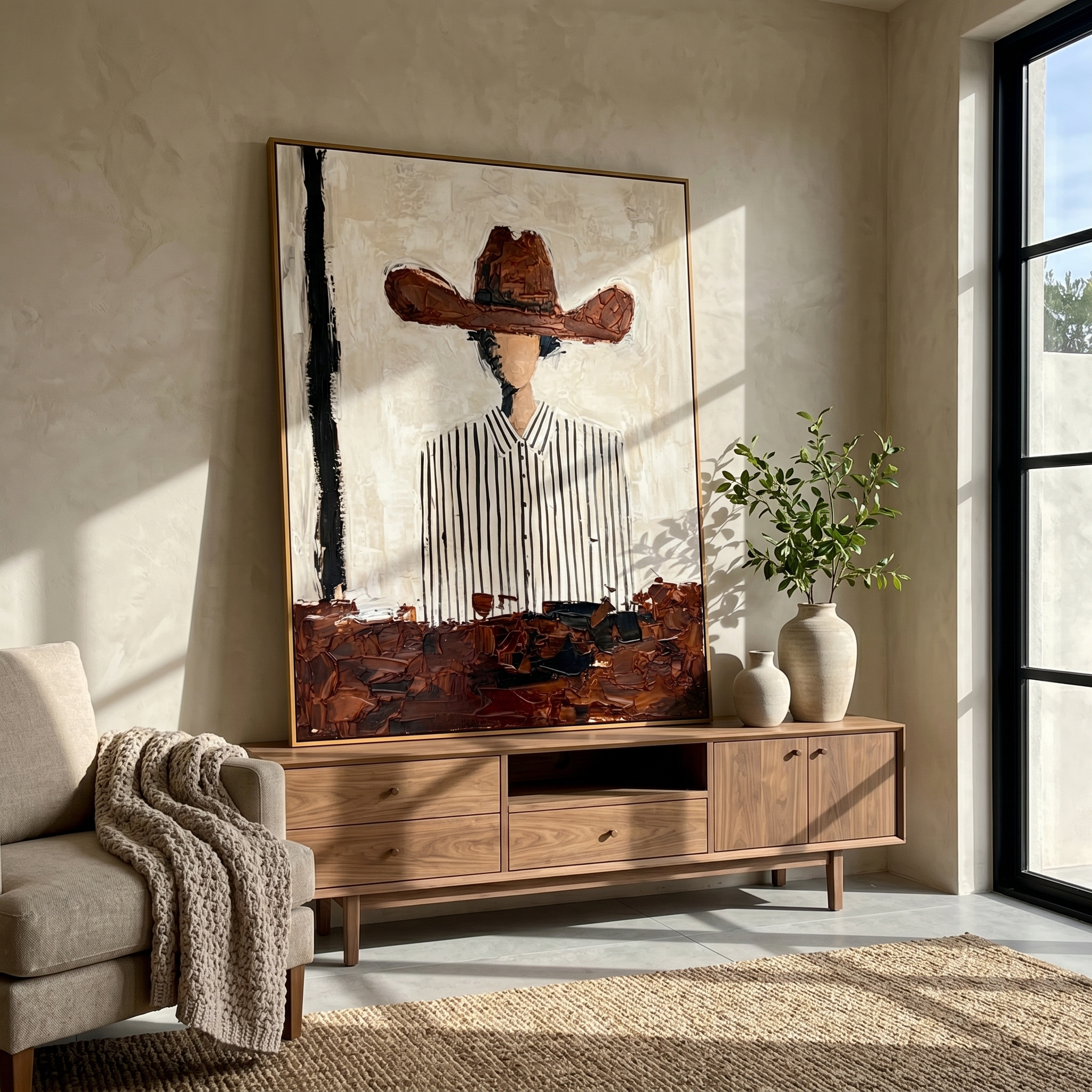 "Rustic Striped Cowgirl" – Expressive Sculptural Portrait Art | 3D Layered Terracotta & Black Canvas | Luxury Vertical Wall Art #PE 505