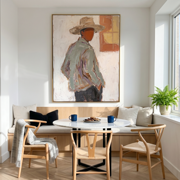 "Quiet Western Silhouette" – Expressive Sculptural Portrait | 3D Layered Ochre & Cream Canvas | Luxury Vertical Wall Art #PE 513