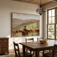 "Pasture Cattle Herder" – Modern Heavy Impasto Western Landscape Figurative | 3D Prairie Green & Rust Terracotta Palette Knife Painting | Luxury Horizontal Wall Art #PT 561
