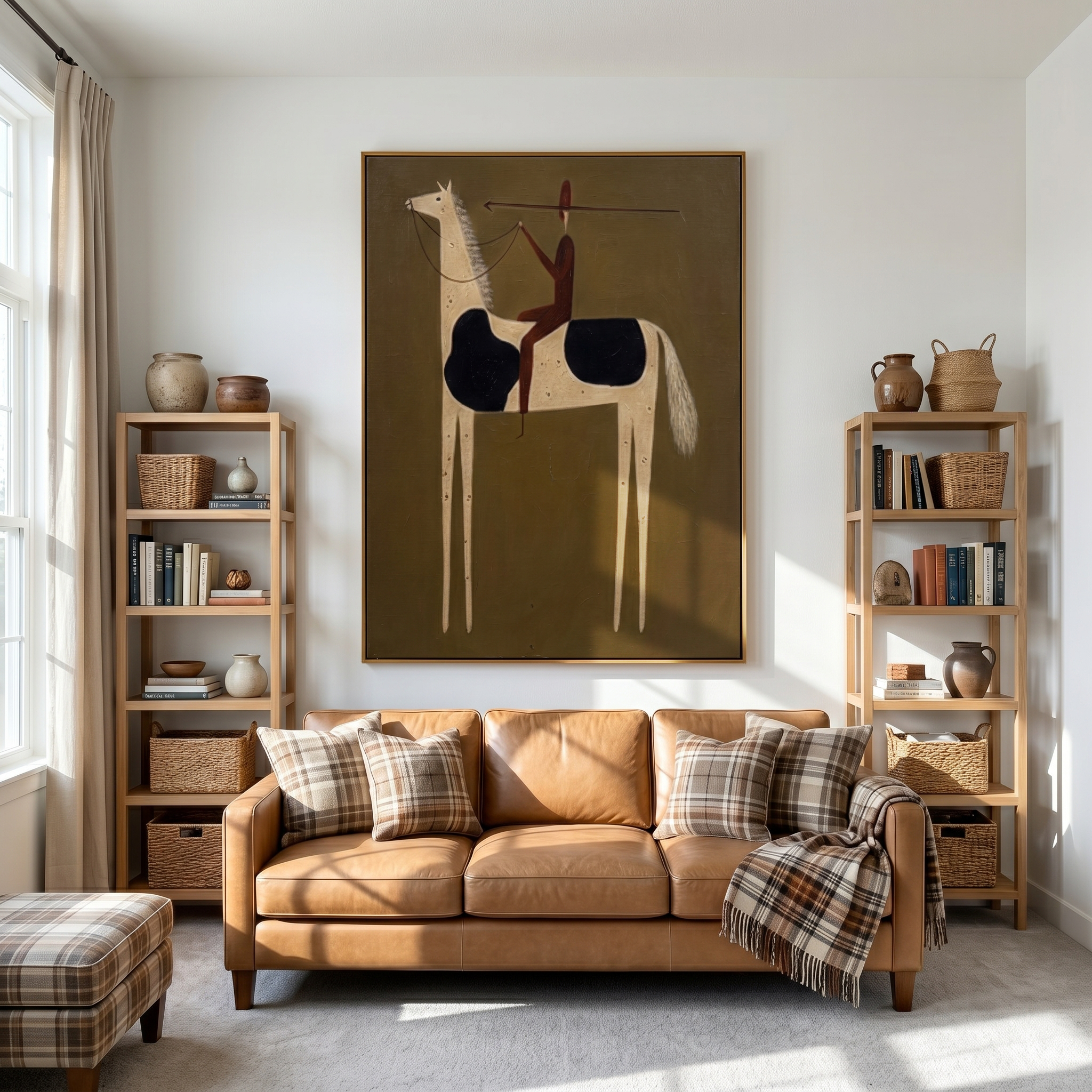 "Spear Bearing Primitive Rider" – Modern Heavy Impasto Tribal Western Figurative | 3D Vintage Umber & Cream Black Palette Knife Painting | Luxury Vertical Wall Art #AB 513