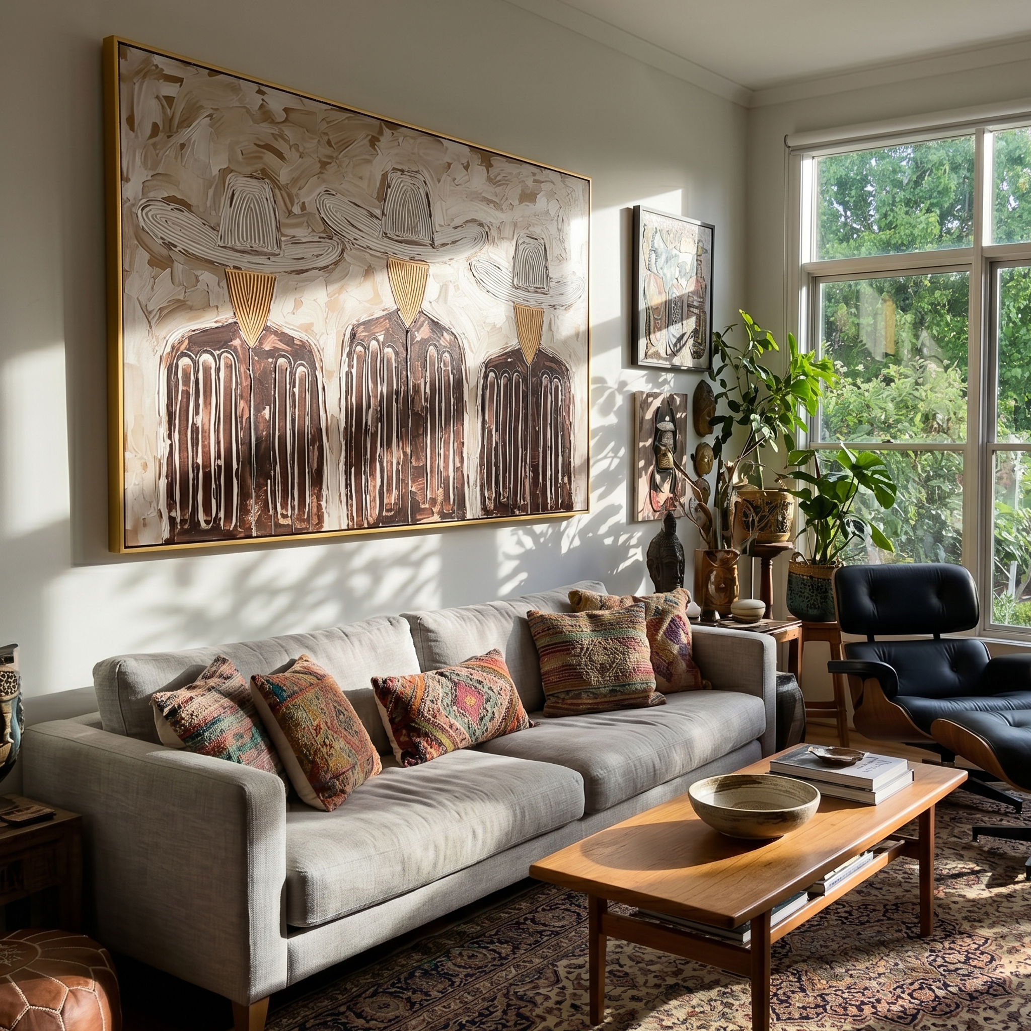 "Three Linear Ranch Cowboys" – Modern Heavy Impasto Minimal Western Figurative | 3D Warm Taupe & Coffee Brown Palette Knife Painting | Luxury Horizontal Wall Art #PE 525
