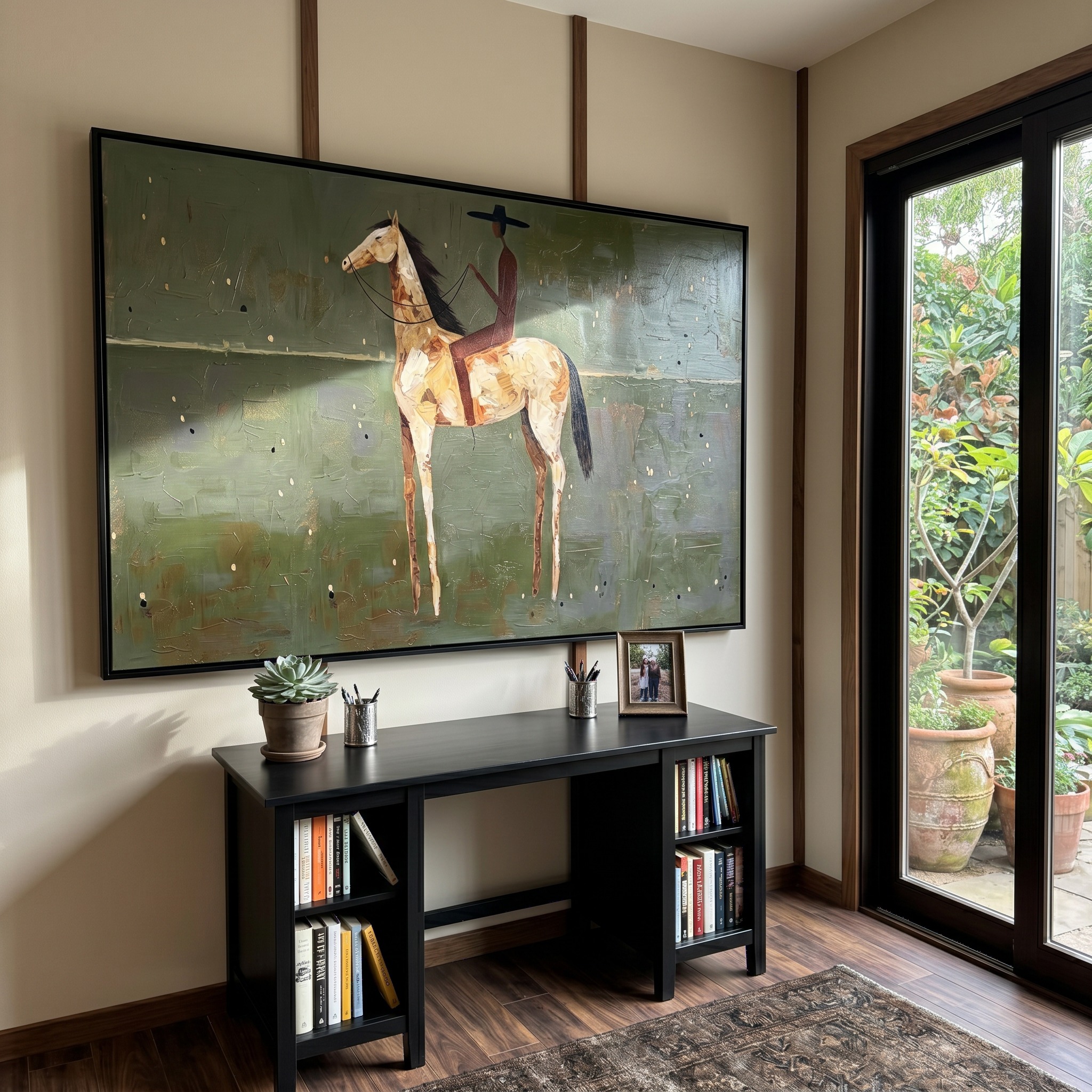 "Solitary Plains Cowboy Rider" – Modern Heavy Impasto Minimal Western Figurative | 3D Muted Sage & Cream Ochre Palette Knife Painting | Luxury Horizontal Wall Art #AB 518