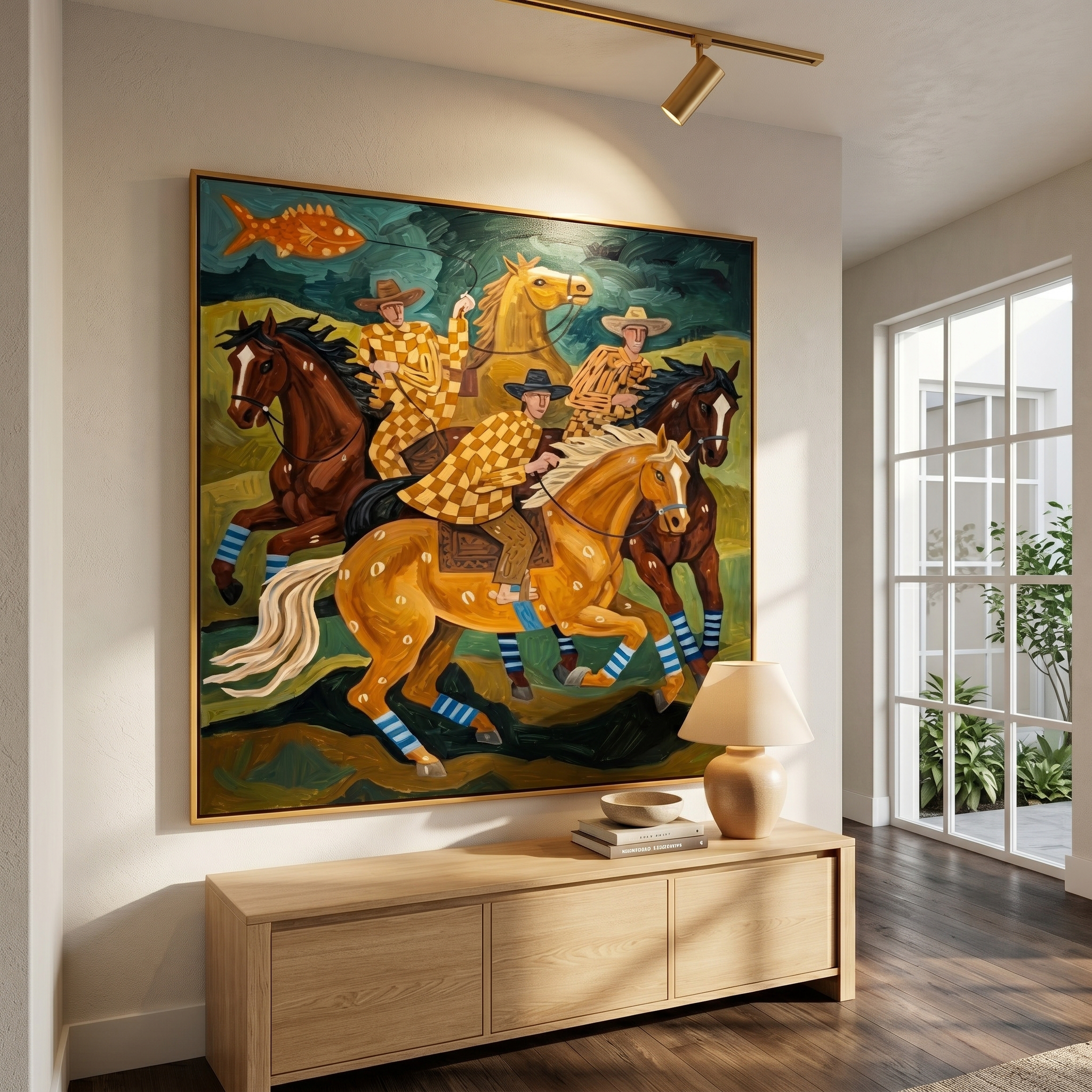 "Checkered Prairie Riders" – Modern Heavy Impasto Folk Western Figurative | 3D Moss Green & Golden Ochre Palette Knife Painting | Luxury Square Wall Art #PT 565