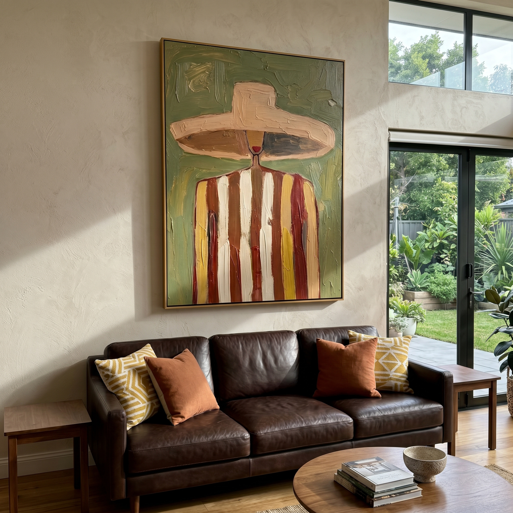 "Striped Silhouette" – Modern Heavy Impasto Abstract Portrait | 3D Olive & Terracotta Palette Knife Painting | Luxury Vertical Wall Art #PE 508