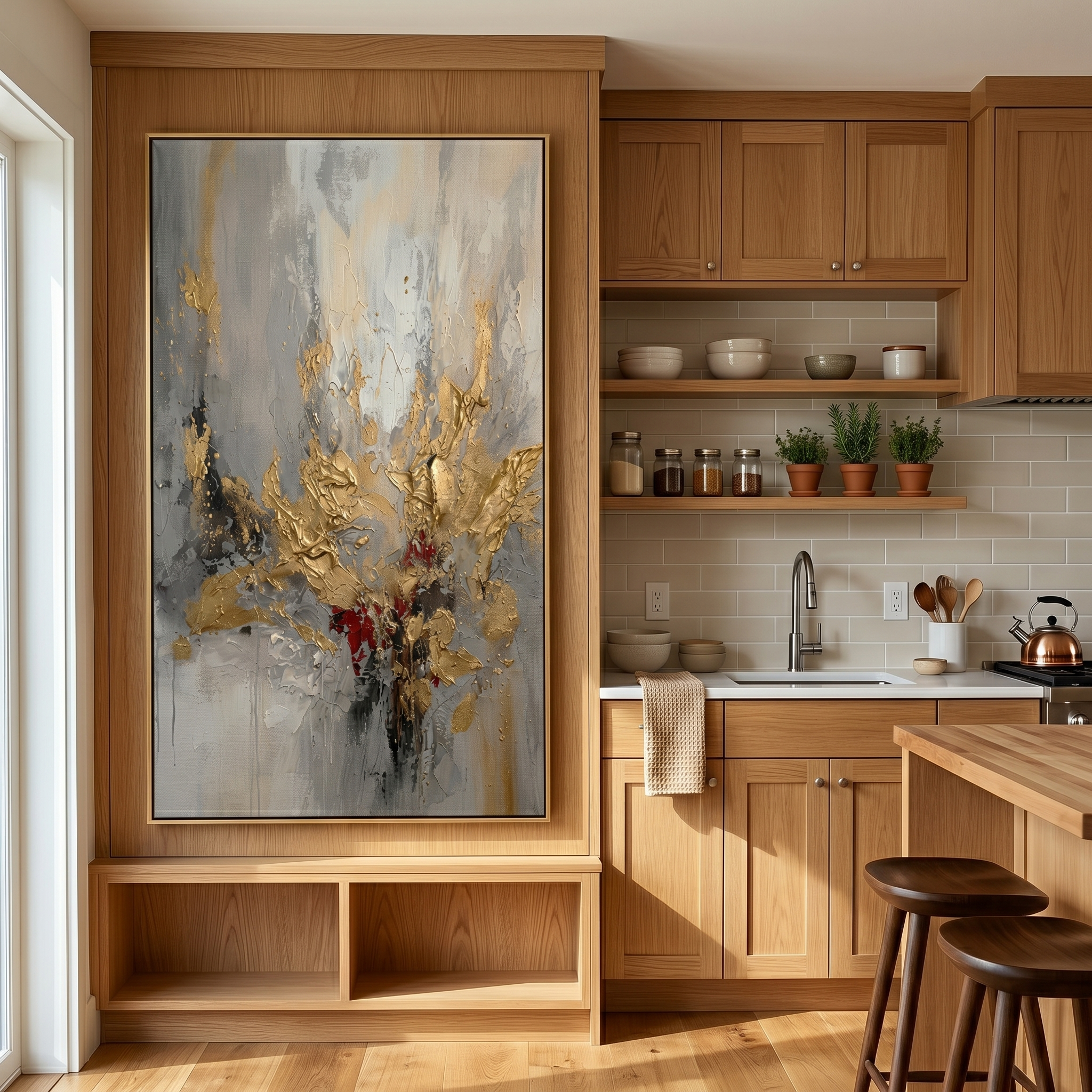 "Golden Awakening" – Luxury 3D Heavy Impasto Gold Leaf Abstract | Modern Smokey Gray Statement Art for Mansion #AB952