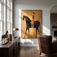"Gilded Noble Equestrienne" – Modern Heavy Impasto Vintage Figurative | 3D Antique Gold & Burgundy Ebony Palette Knife Painting | Luxury Vertical Wall Art #PT 558