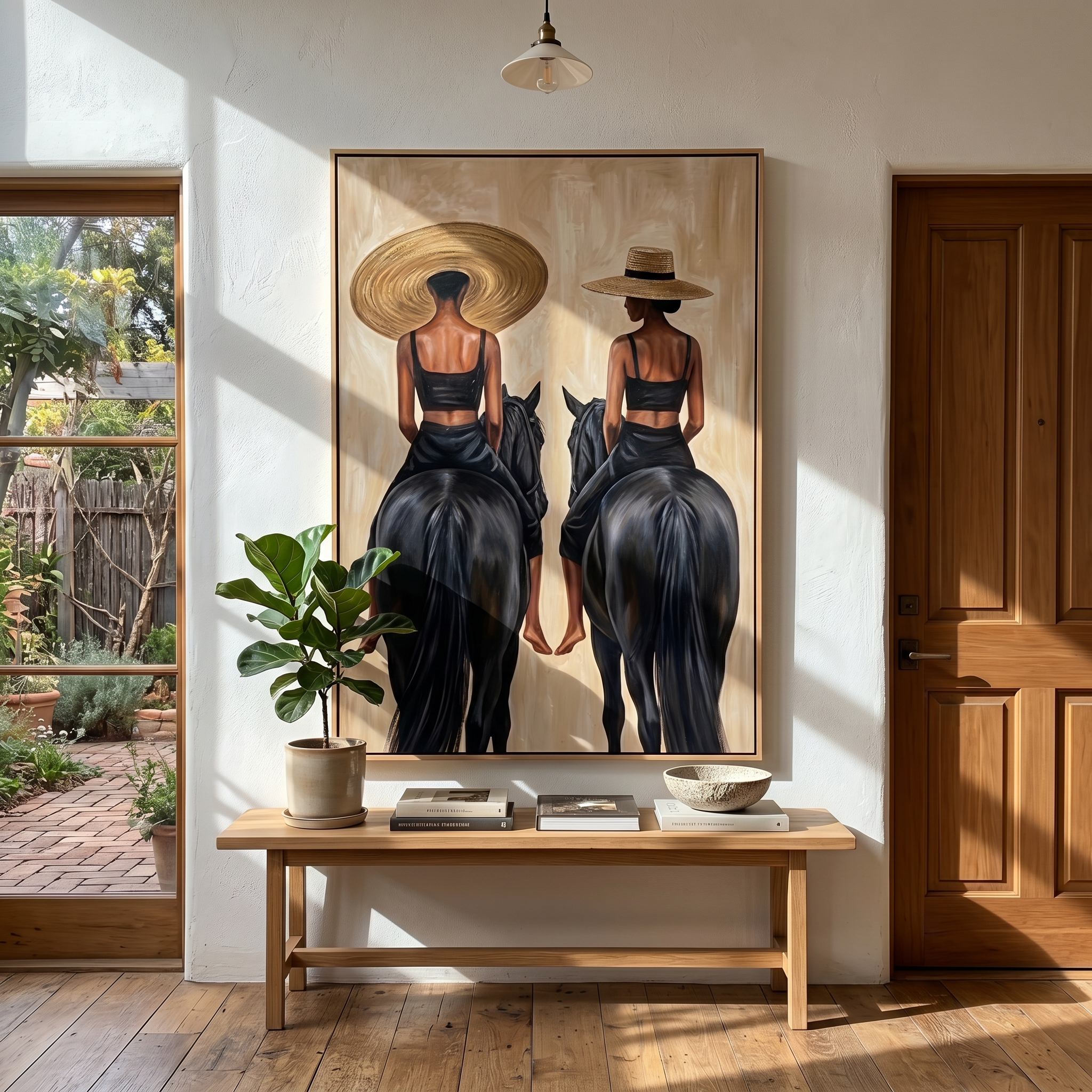 "Two Riders at Dawn" – Modern Heavy Impasto Figurative Art | 3D Raffia & Noir Palette Knife Painting | Luxury Vertical Wall Art #PT 556