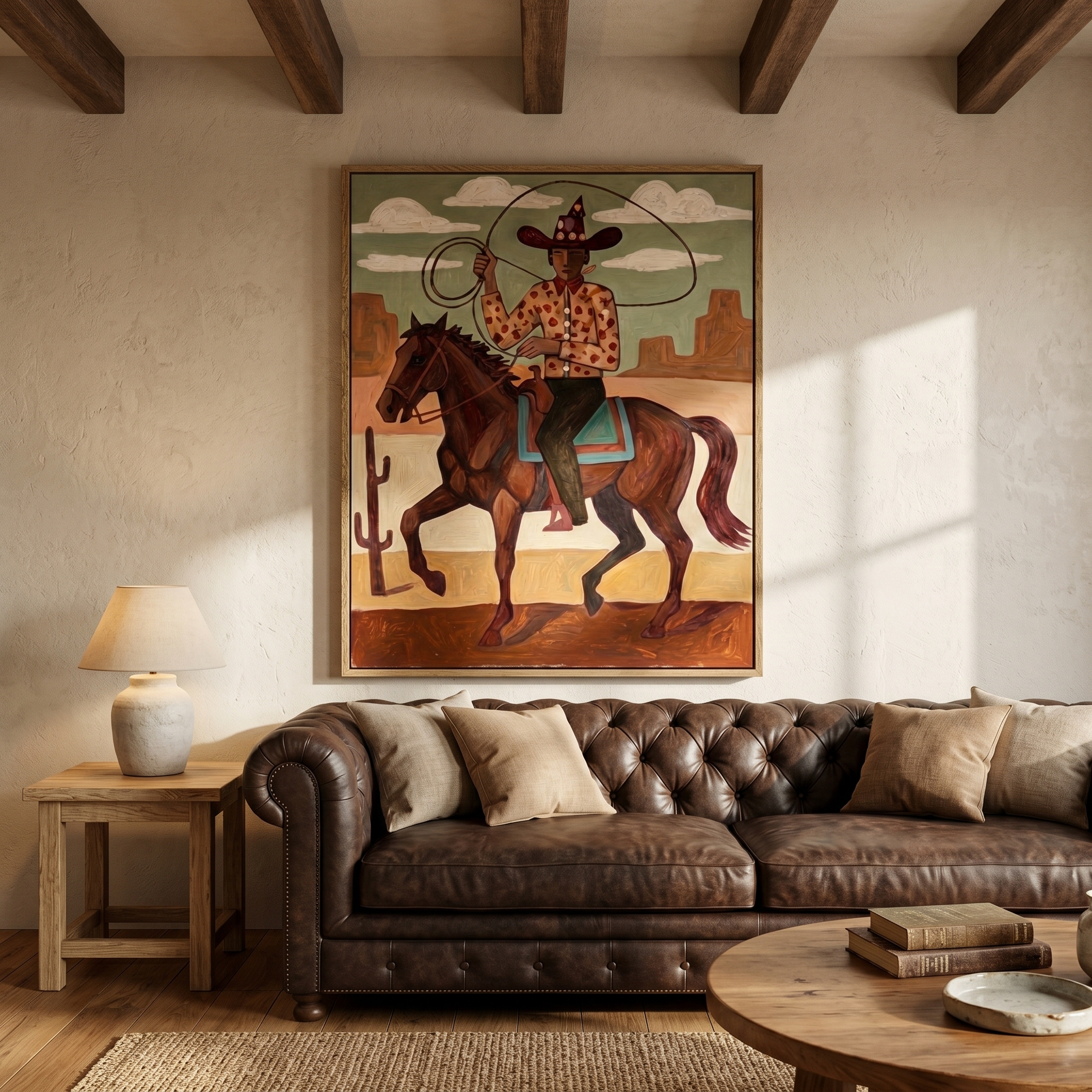 "Desert Lasso Cowboy" – Modern Heavy Impasto Southwestern Folk Figurative | 3D Sage Green & Terracotta Brown Palette Knife Painting | Luxury Vertical Wall Art #PT 559