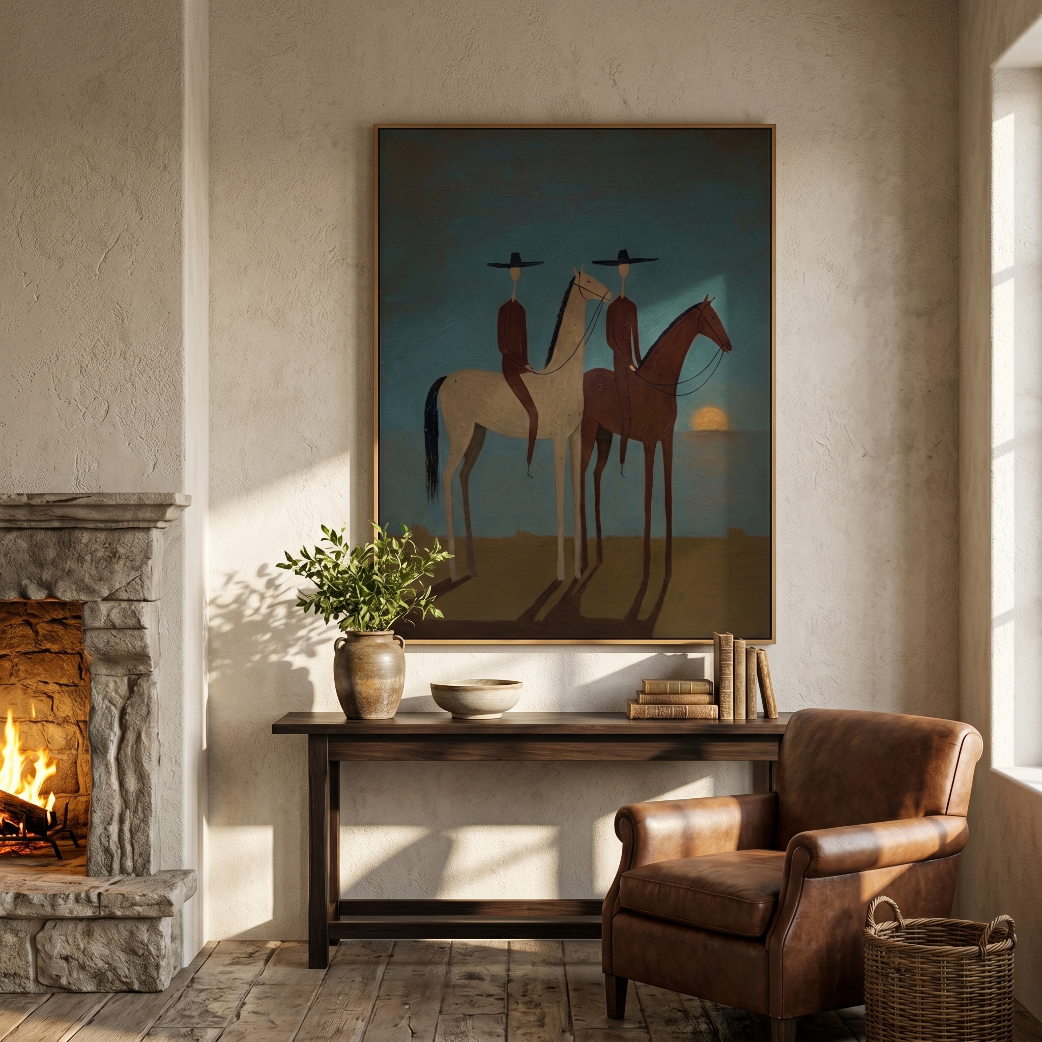 "Dusk Companions" – Modern Minimalist Impasto Western Art | 3D Teal & Sepia Palette Knife Painting | Luxury Vertical Wall Art #AB 503