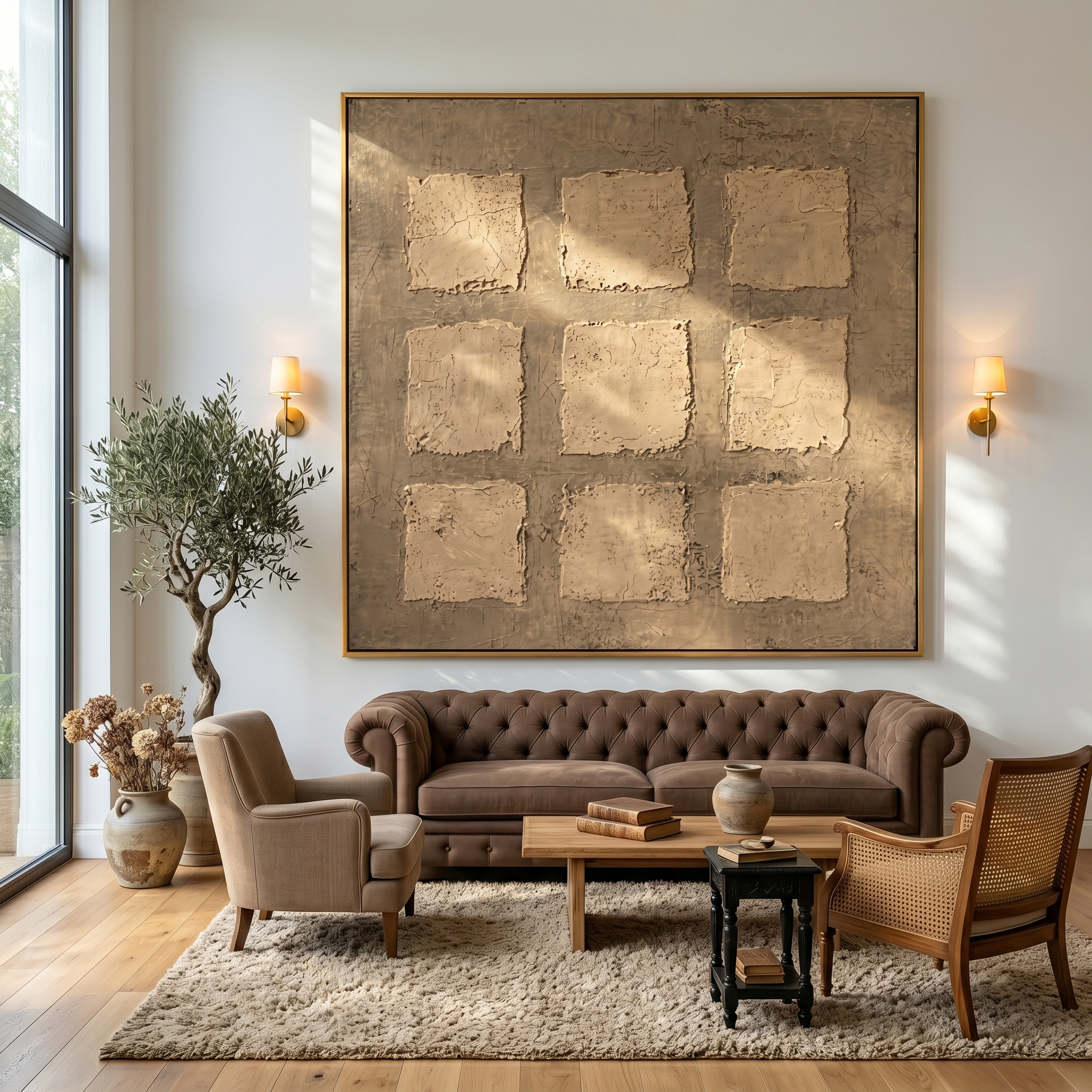 "Nine Squares in Taupe" – Modern Heavy Impasto Abstract Art | 3D Warm Taupe & Beige Palette Knife Painting | Luxury Square Wall Art #WS 248
