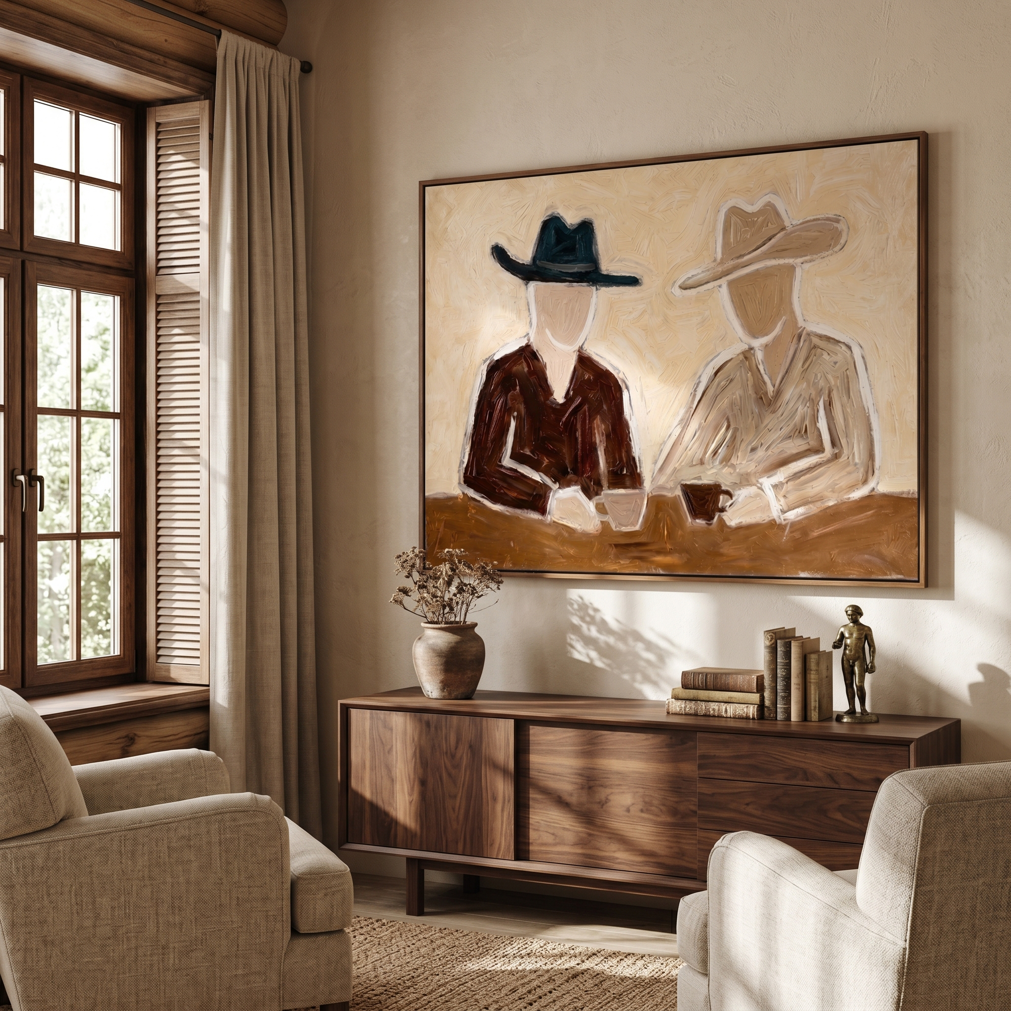 "Two Cowboys’ Coffee Chat" – Modern Heavy Impasto Minimal Western Figurative | 3D Warm Cream & Earth Brown Palette Knife Painting | Luxury Horizontal Wall Art #PE 524