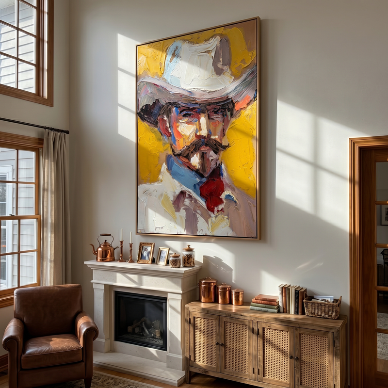 "Sunlit Cowboy Portrait" – Modern Heavy Impasto Western Art | 3D Marigold & Crimson Palette Knife Painting | Luxury Vertical Wall Art #PE 522