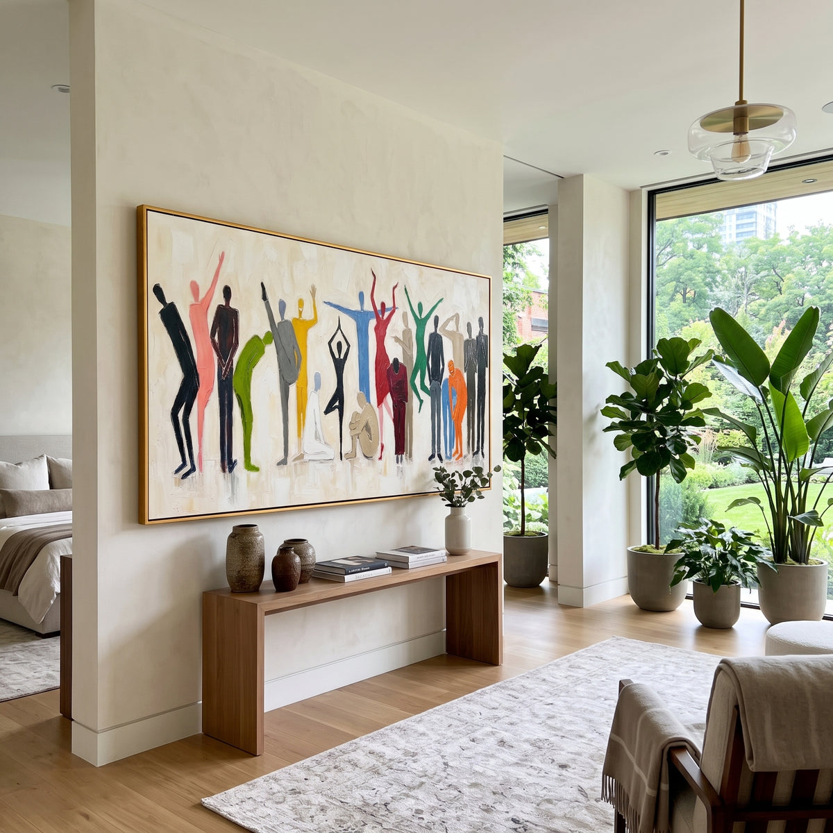 This 100% hand-painted abstract artwork features this hand-painted horizontal canvas presents a lively group of colorful abstract people silhouettes against a white textured background, with varied gestures, poses, and expressive movement. The artwork combines figurative abstraction with thick palette knife texture, raised impasto surface, and a bright social composition. Its white, blue, and green palette anchors the multicolor figures while keeping the wall piece fresh and modern for living