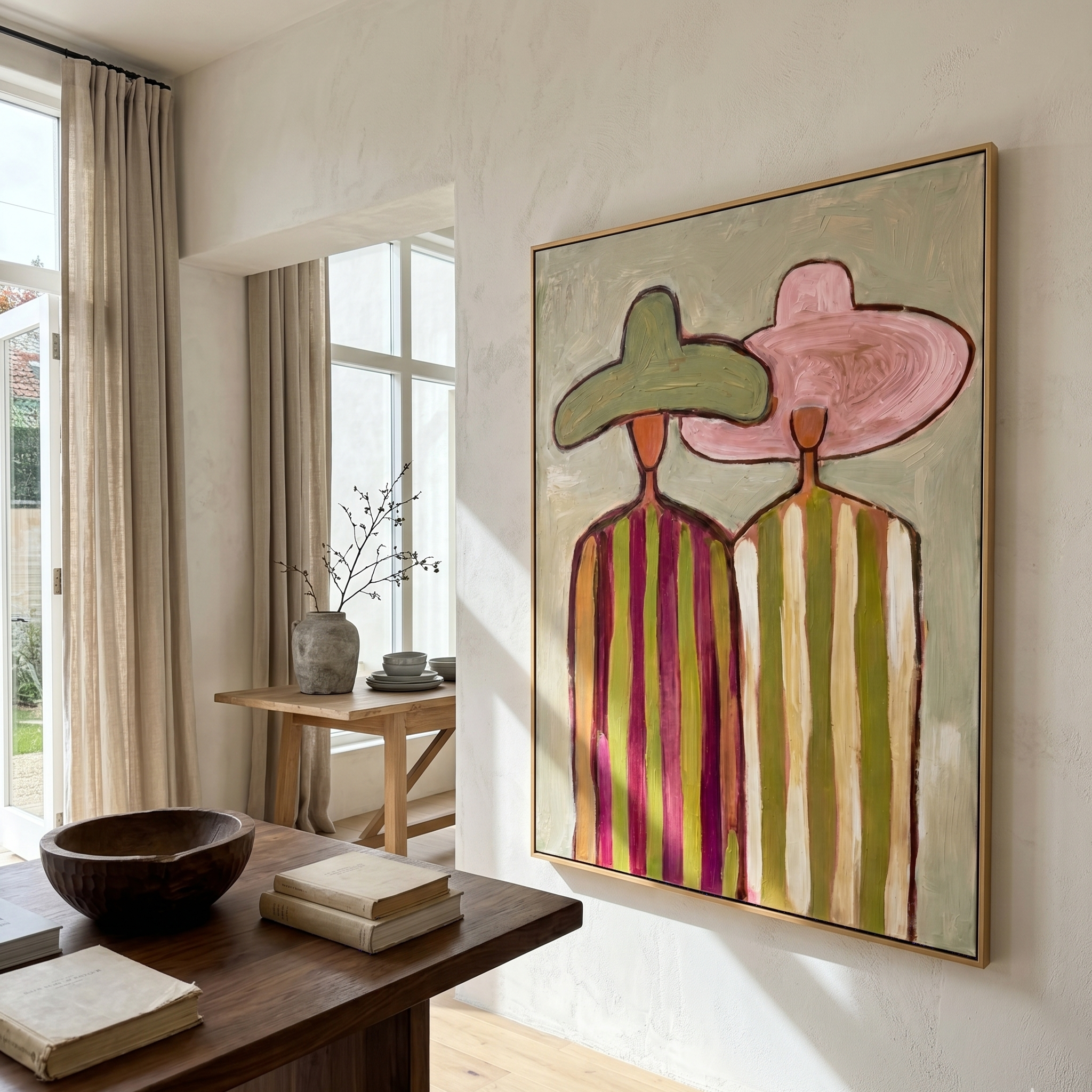 "The Striped Pair" – Modern Heavy Impasto Abstract Portrait | 3D Sage & Blush Palette Knife Painting | Luxury Vertical Wall Art #PE 514