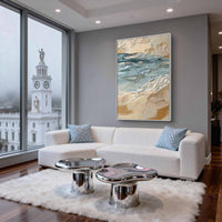 "Blue Shore Texture" - Modern Wabi-Sabi Coastal Painting | Gold Beige White Textured Canvas Art | Luxury Vertical Wall Art #WS 051